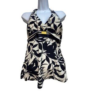 Baltex Womens Halter Tankini Top Swimwear Size 10 Black White Leaf Print Beach